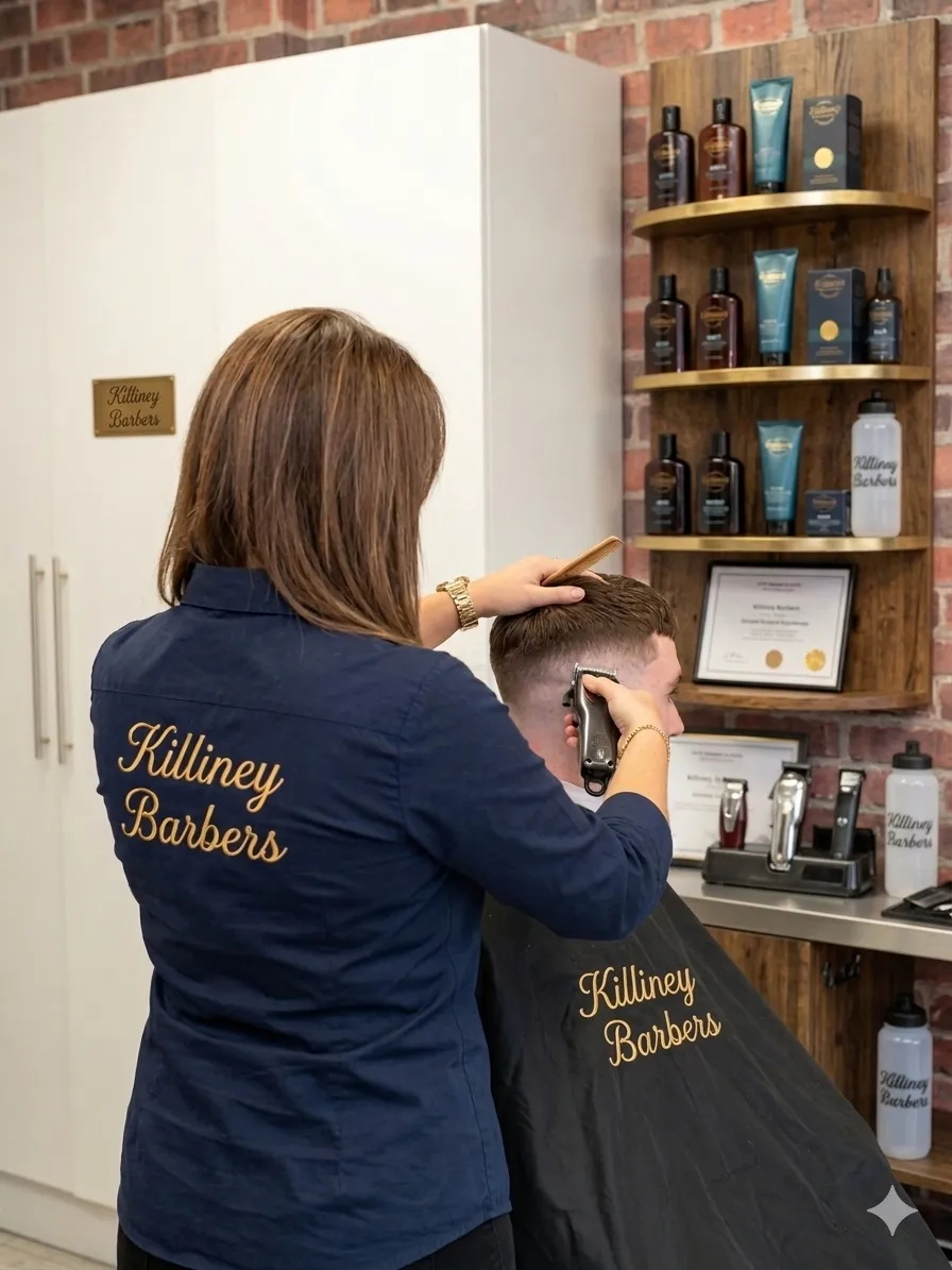Professional female barber styling a classic men's haircut at Killiney Barbers